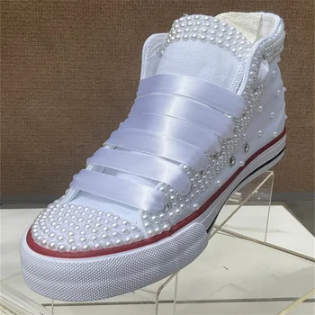 Fehér Magas felső gyöngy, Szalag kiegészítők, egyéni stílus vászon cipő integrált sport alkalmi cipő női cipő 35-44